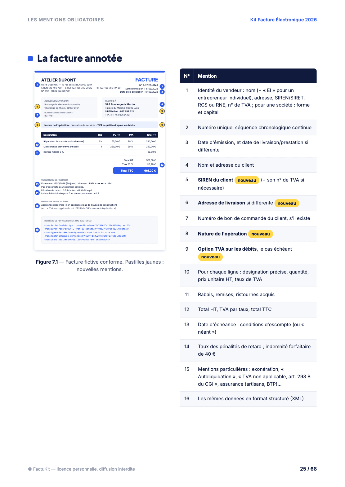 Page du guide avec une facture annotée